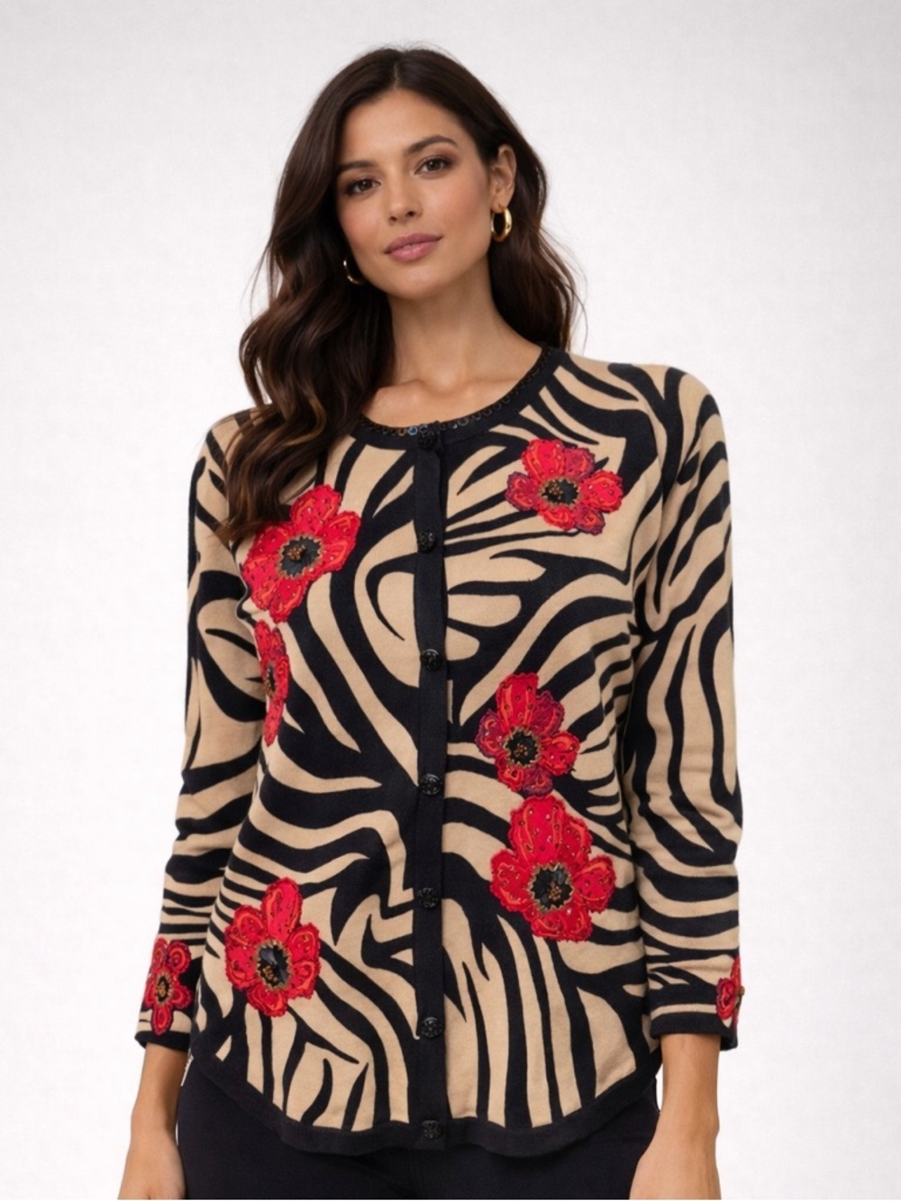 THE COLLECTIVE WORKS OF BEREK L Button Cardigan Brown Zebra Print Flower Sweater